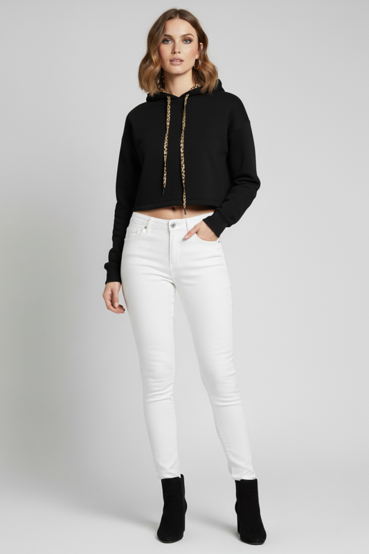 Kadın Siyah Kapüşon İçi Desenli Astar Etek Ucu Yırtmaçlı Crop