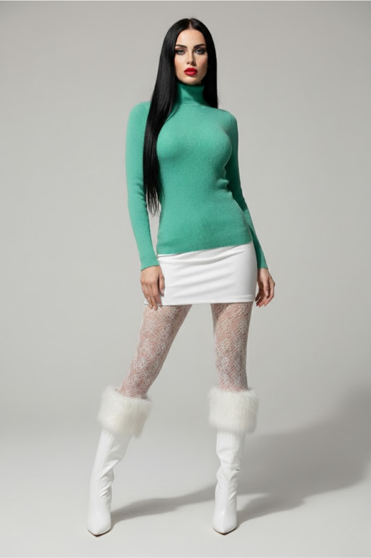 Mint Yeşili Fitilli Balıkçı Yaka Kadın Triko Kazak