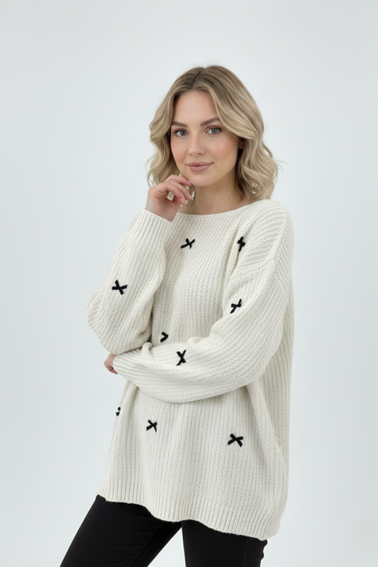 Kadın Kurdeleli Ajurlu Triko Beyaz Kazak