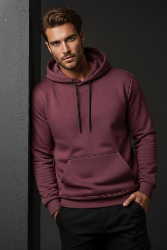 Unisex Kışlık Mürdüm Rengi Üç İplik Şardonlu Pamuklu Kalın Kapüşonlu Hoodie Sweatshirt