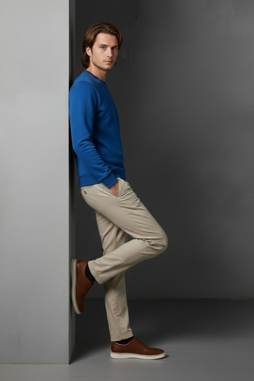 Unisex Kışlık Saks Mavi Üç İplik Şardonlu Kalın Bisiklet Yaka Basic Sweatshirt