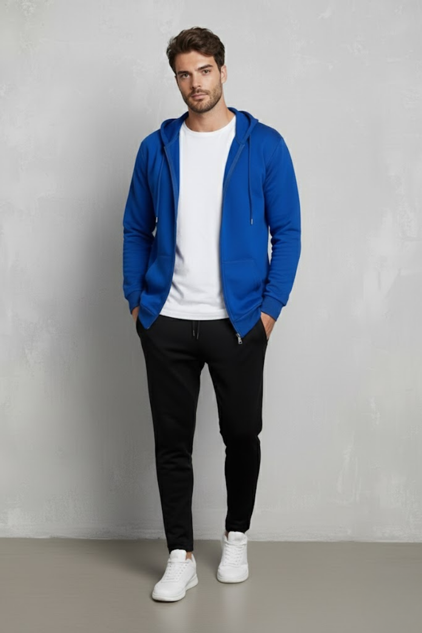 Unisex Saks Mavi Oversize Kalıp 2 İplik Kapüşonlu Fermuarlı Sweatshirt Ceket Hırka