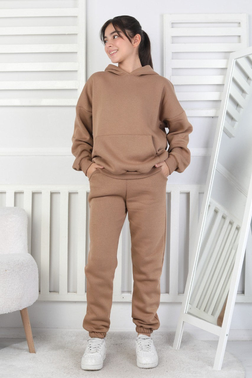 Şardonlu 3 İplik Kapşonlu Kız Çocuk Takım