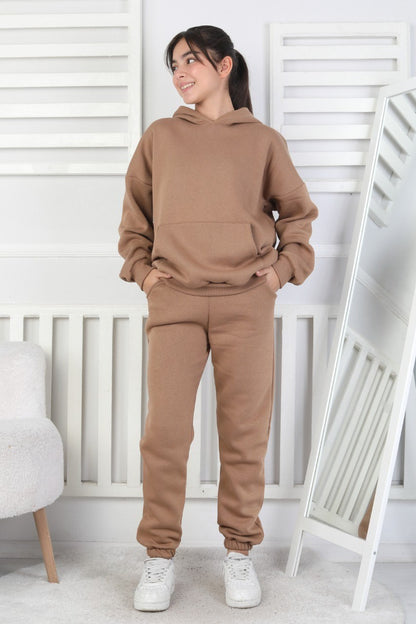 Şardonlu 3 İplik Kapşonlu Kız Çocuk Takım