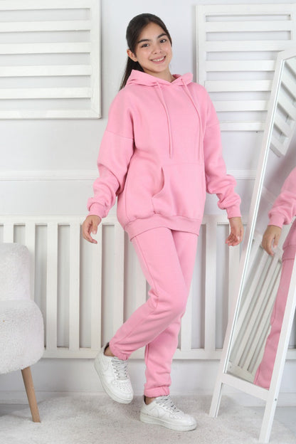 Şardonlu 3 İplik Kapşonlu Kız Çocuk Takım