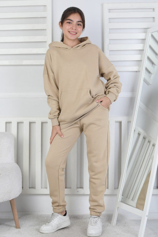 Şardonlu 3 İplik Kapşonlu Kız Çocuk Takım