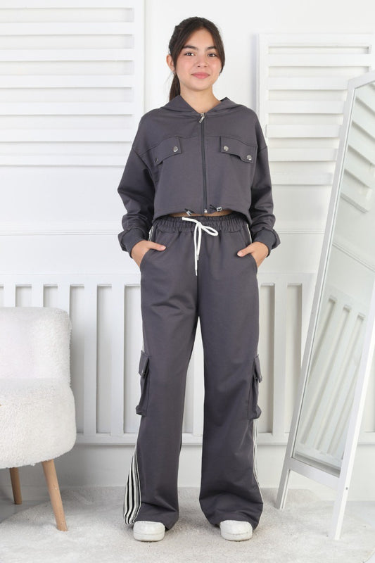 İki İplik Kargo Cepli Croplu Kız Çocuk Takım