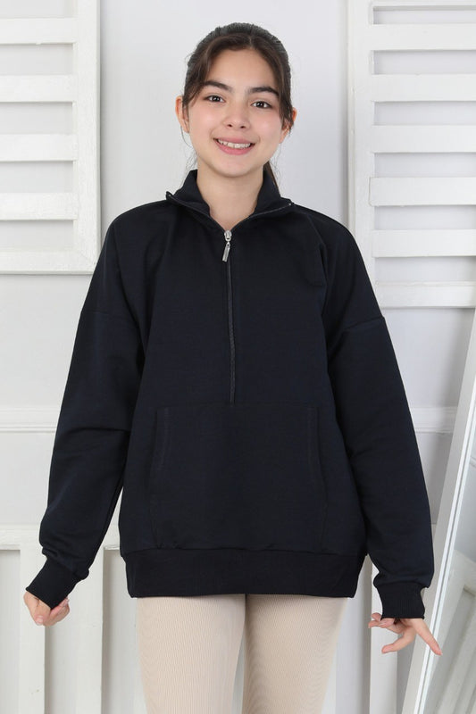 Yarım Fermuarlı Kapüşonlu Kız Çocuk Sweatshirt
