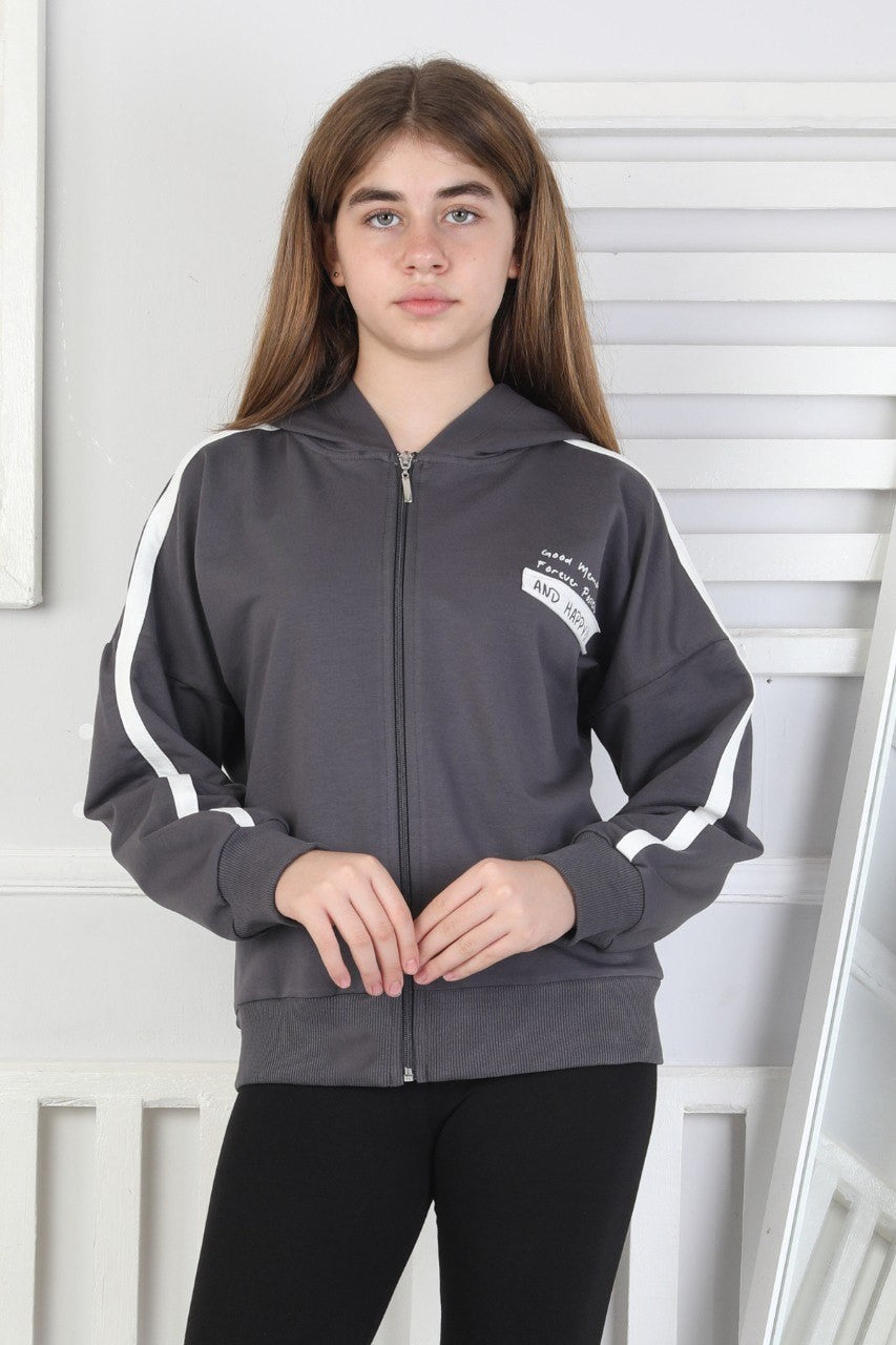 Kapüşonlu Fermuarlı Baskılı Kız Çocuk Sweatshirt