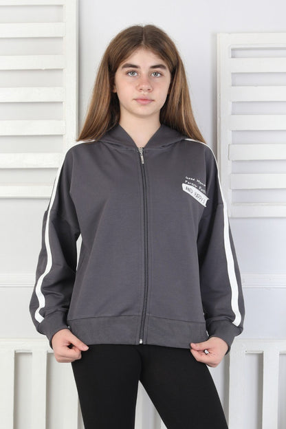 Kapüşonlu Fermuarlı Baskılı Kız Çocuk Sweatshirt