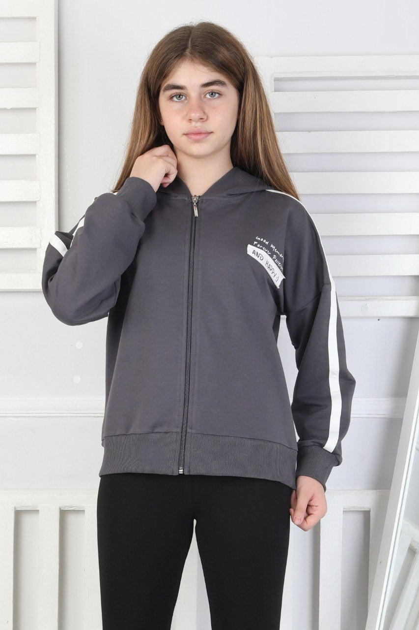 Kapüşonlu Fermuarlı Baskılı Kız Çocuk Sweatshirt