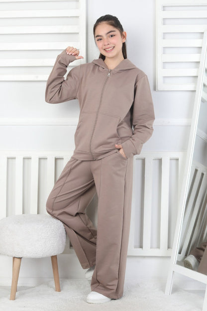 İki İplik Kapüşonlu Fermuarlı Kız Çocuk Takım