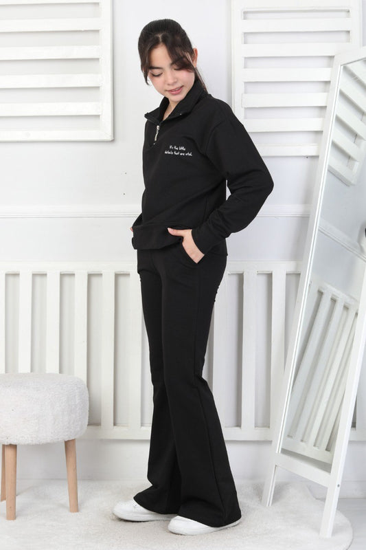 İki İplik Arkası Baskılı Yarım Fermuarlı Kız Çocuk Takım