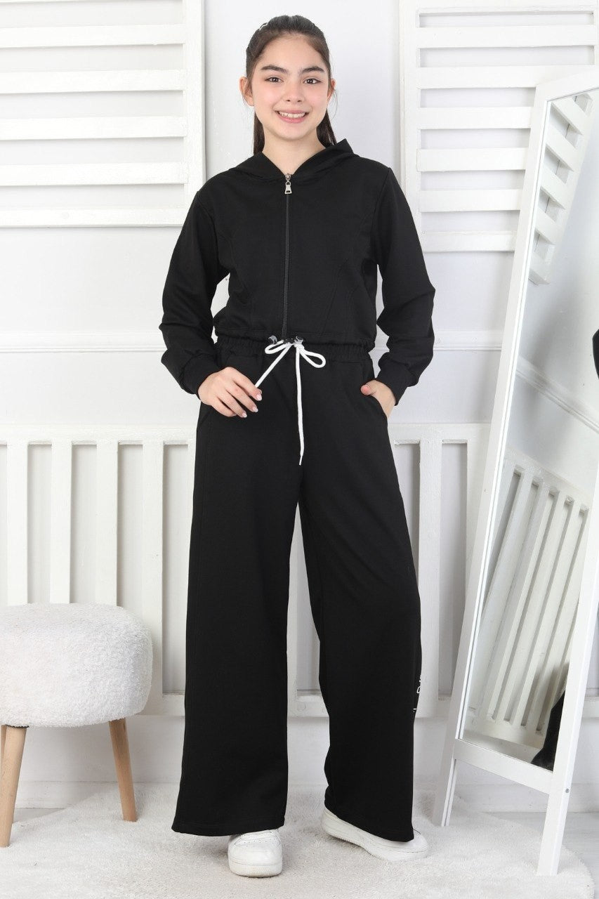 Kapüşonlu Fermuarlı Bol Paça Kız Çocuk Takım