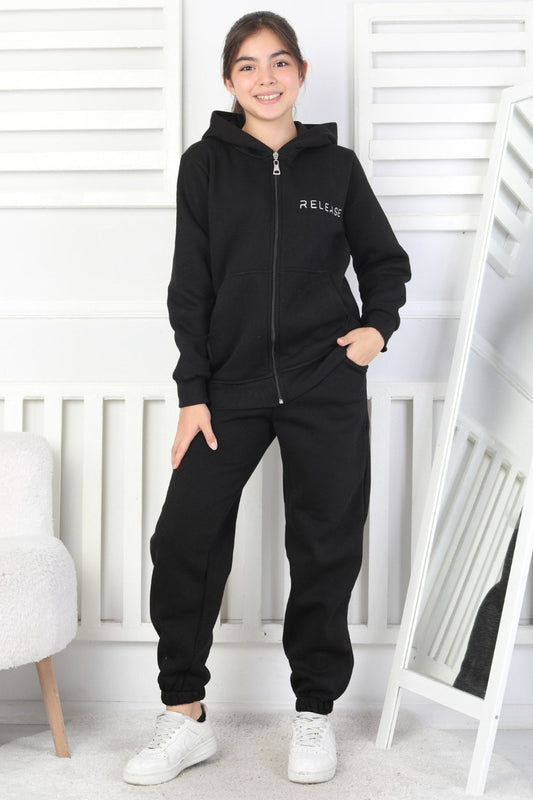 Şardonlu 3 İplik Kapşonlu Baskılı Kız Çocuk Takım