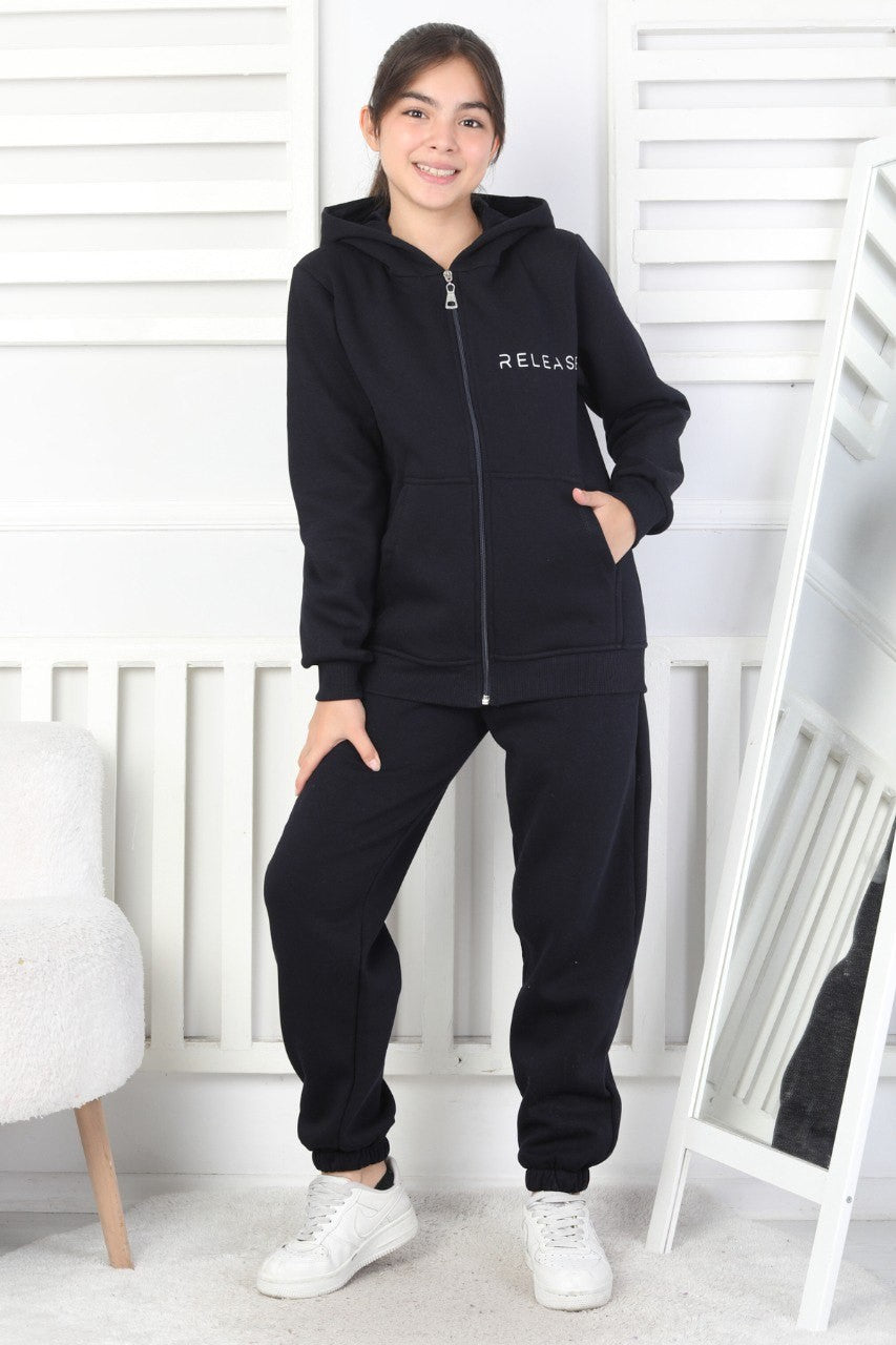 Şardonlu 3 İplik Kapşonlu Baskılı Kız Çocuk Takım