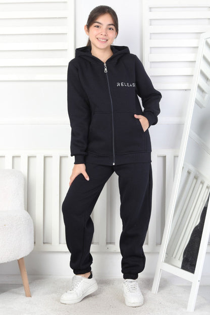 Şardonlu 3 İplik Kapşonlu Baskılı Kız Çocuk Takım