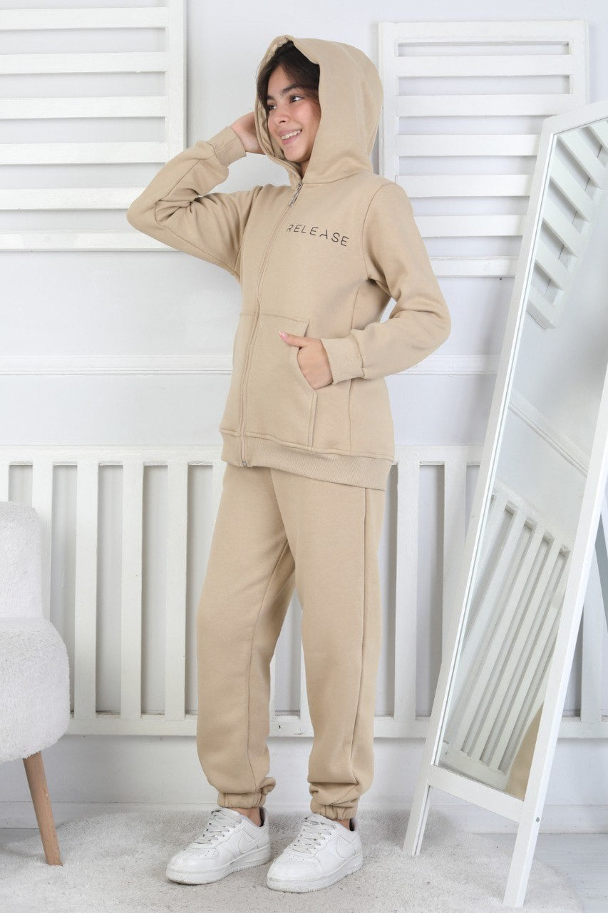 Şardonlu 3 İplik Kapşonlu Baskılı Kız Çocuk Takım