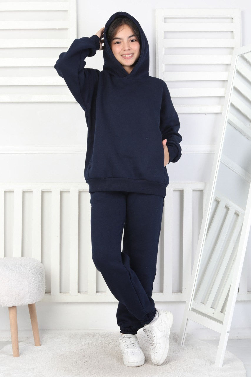 Şardonlu 3 İplik Baskılı Kapşonlu Kız Çocuk Takım