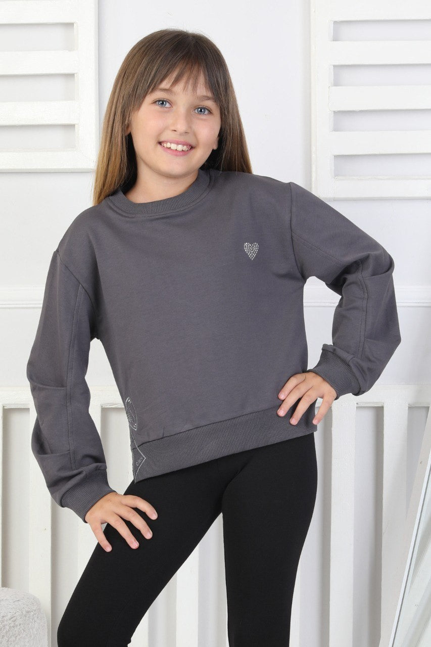 Baskılı Yanı Yırtmaçlı Antrasit Kız Çocuk Sweatshirt