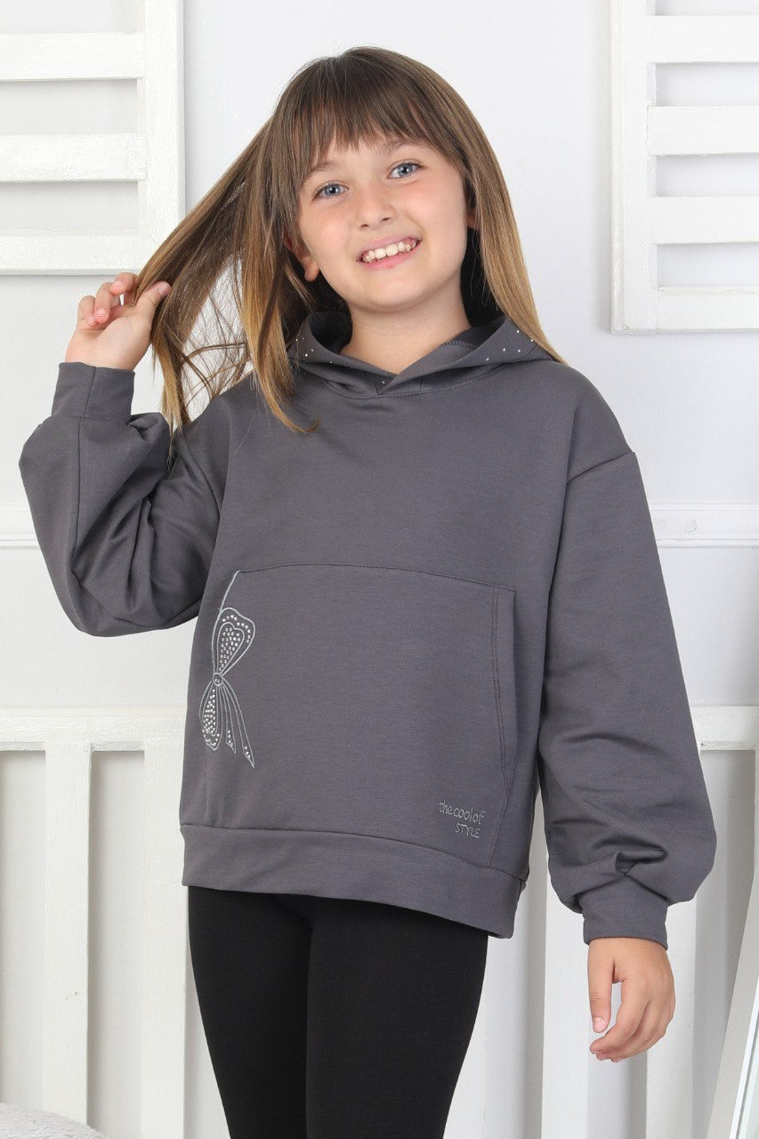 Kapüşonlu Baskılı Antrasit Kız Çocuk Sweatshirt