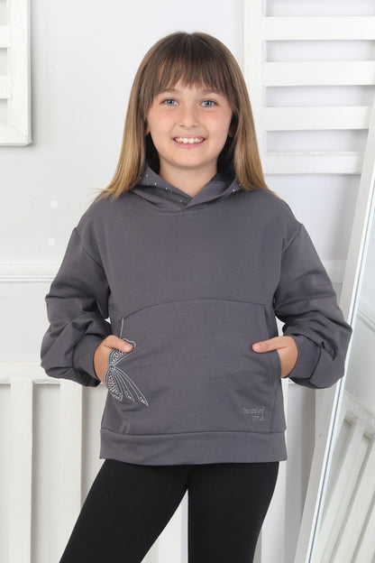 Kapüşonlu Baskılı Antrasit Kız Çocuk Sweatshirt