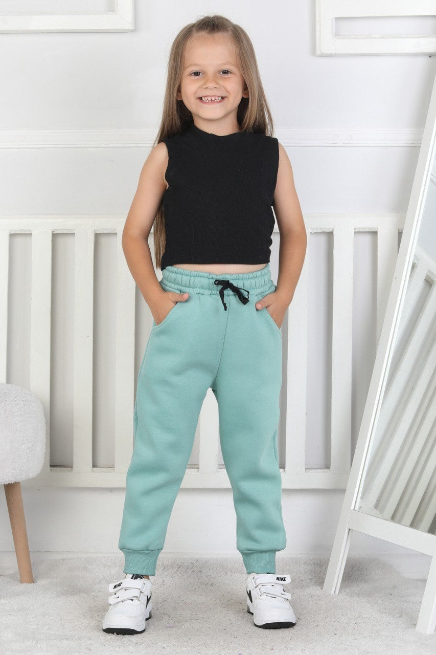 Şardonlu 3 İplik Düz Kız Çocuk Yeşil Eşofman Altı