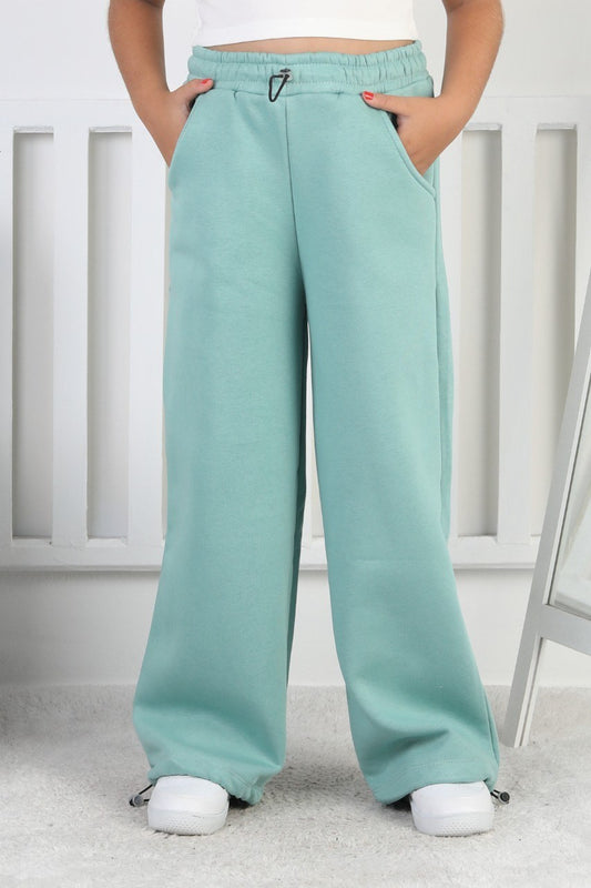 Şardonlu 3 İplik Paça Sıkmalı Kız Çocuk Yeşil Eşofman Altı