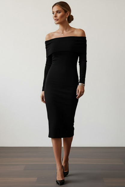 Kadın Siyah Madonna Yaka Sandy Kumaş Esnek Midi Boy Uzun Kollu Elbise