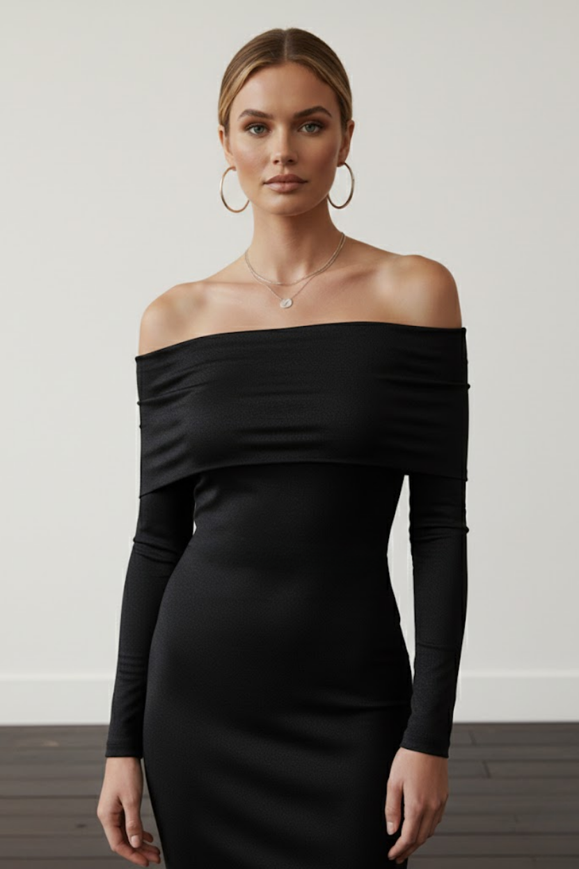 Kadın Siyah Madonna Yaka Sandy Kumaş Esnek Midi Boy Uzun Kollu Elbise