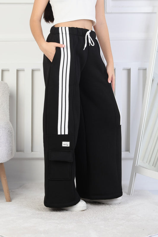 Üç İplik Şardonlu Çep Detaylı Bol Paça Kız Çocuk Eşofman Altı