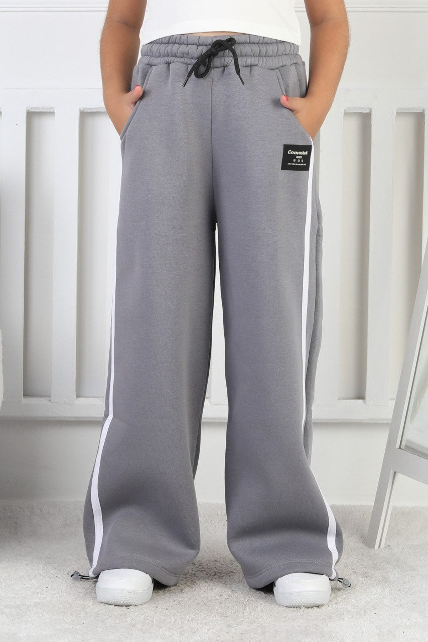 Üç İplik Şardonlu Bol Paça Dik Çizgili Kız Çocuk Eşofman Altı