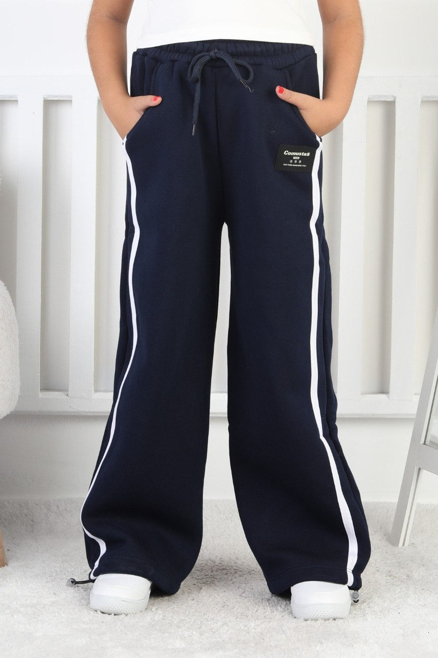 Üç İplik Şardonlu Bol Paça Dik Çizgili Kız Çocuk Eşofman Altı