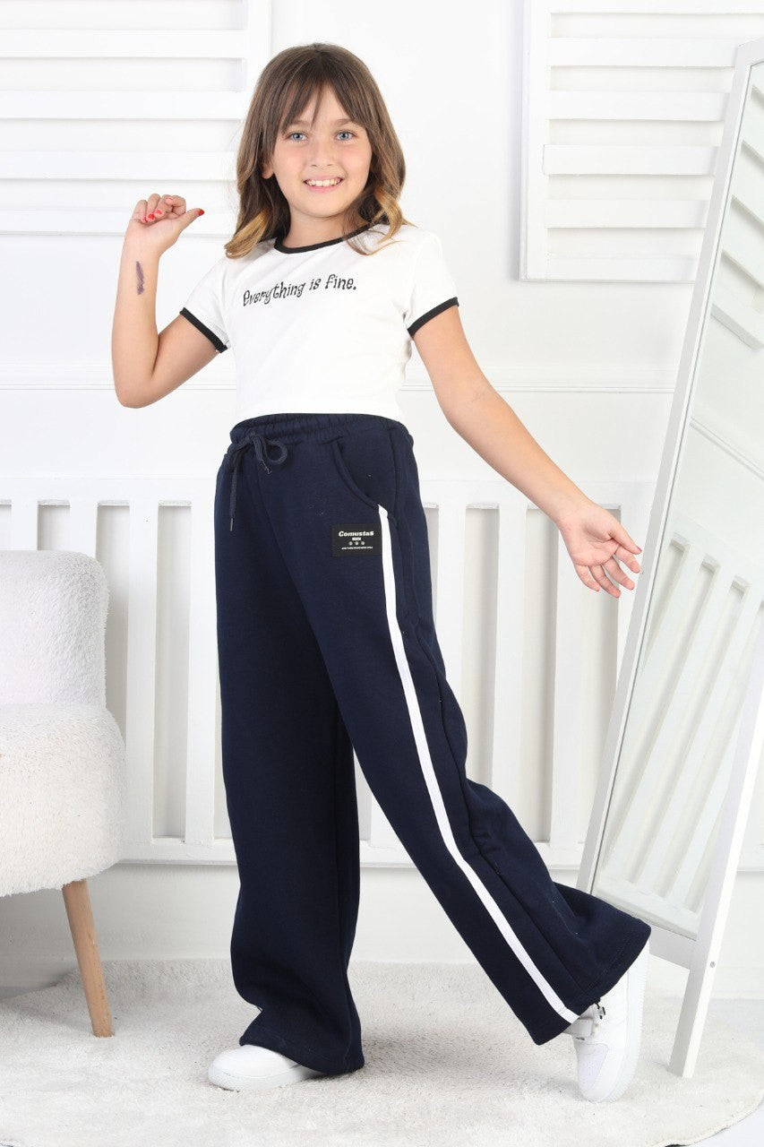 Üç İplik Şardonlu Bol Paça Dik Çizgili Kız Çocuk Eşofman Altı