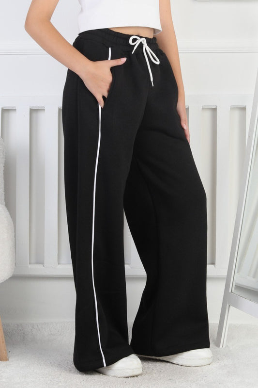 Üç İplik Şardonlu Bol Paça Tek Çizgi Kız Çocuk Eşofman Altı