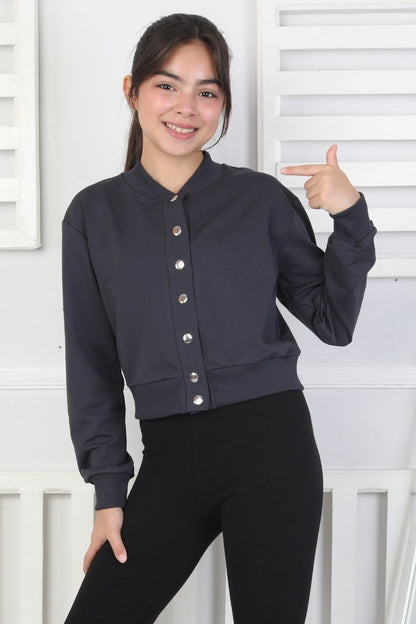 İki İplik Düz Düğmeli Kız Çocuk Antrasit Ceket