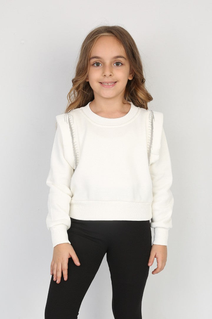 Üç İplik Şardonlu Omuz Detaylı Kız Çocuk Günlük Crop Sweatshirt