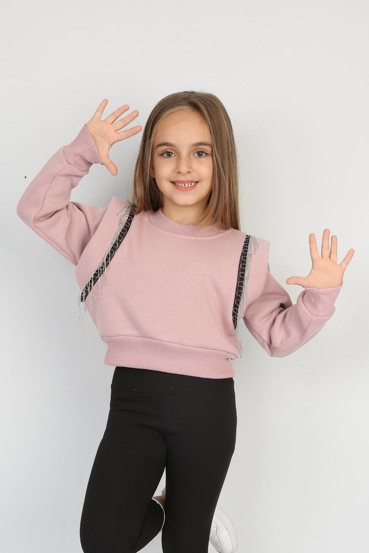 Üç İplik Şardonlu Omuz Detaylı Kız Çocuk Günlük Crop Sweatshirt