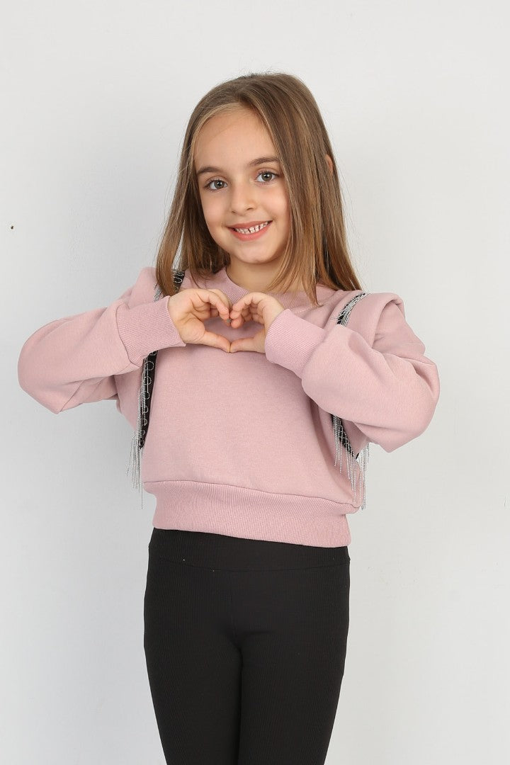 Üç İplik Şardonlu Omuz Detaylı Kız Çocuk Günlük Crop Sweatshirt