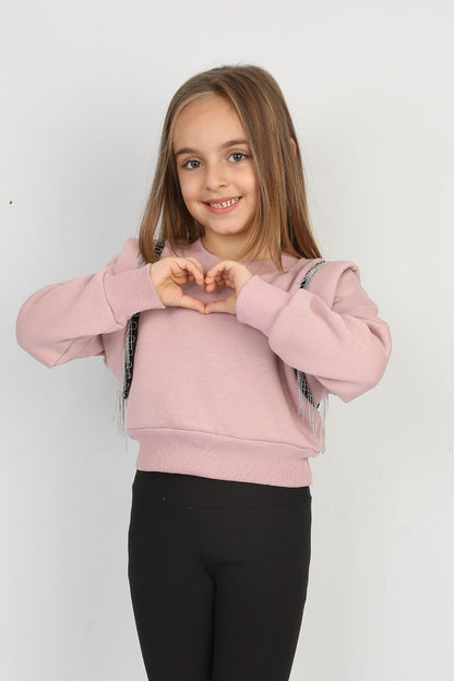 Üç İplik Şardonlu Omuz Detaylı Kız Çocuk Günlük Crop Sweatshirt