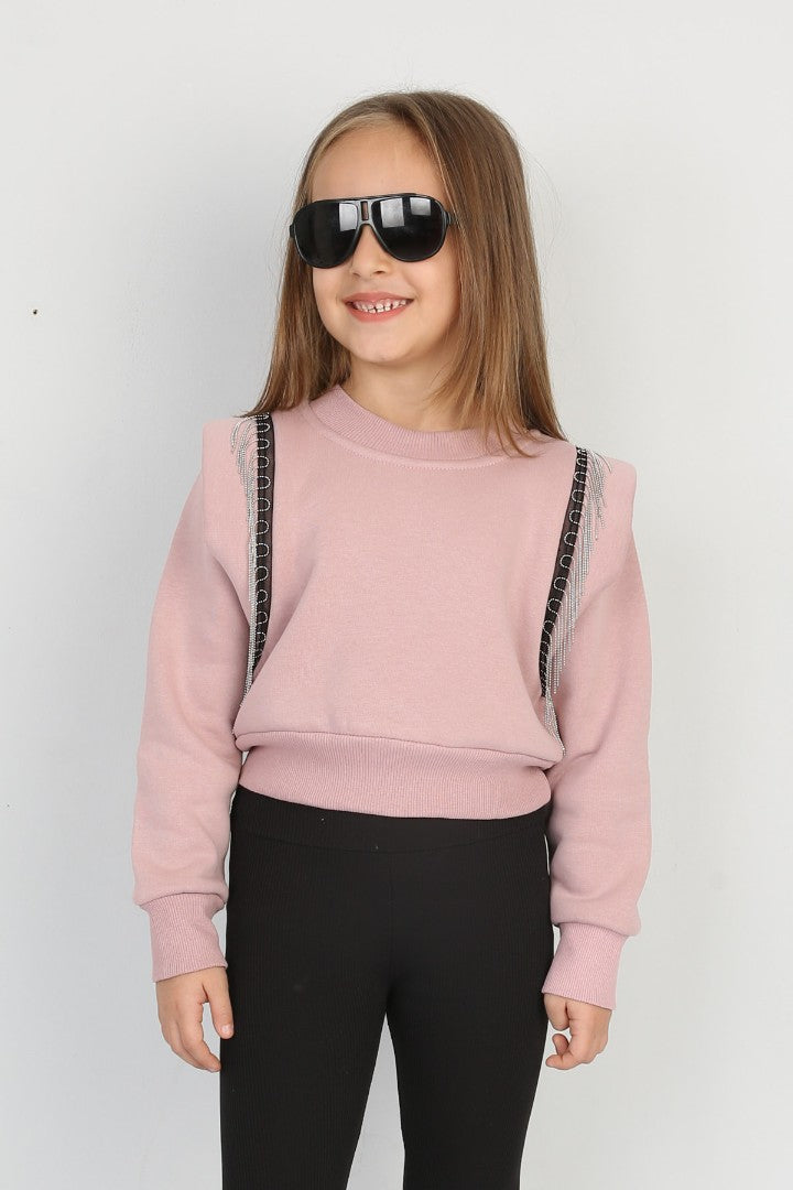 Üç İplik Şardonlu Omuz Detaylı Kız Çocuk Günlük Crop Sweatshirt