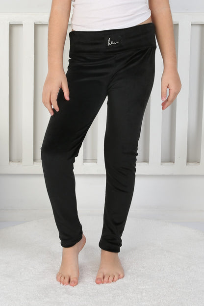 Likralı Kadife Kumaş Arma Detaylı Kız Çocuk Günlük Tayt