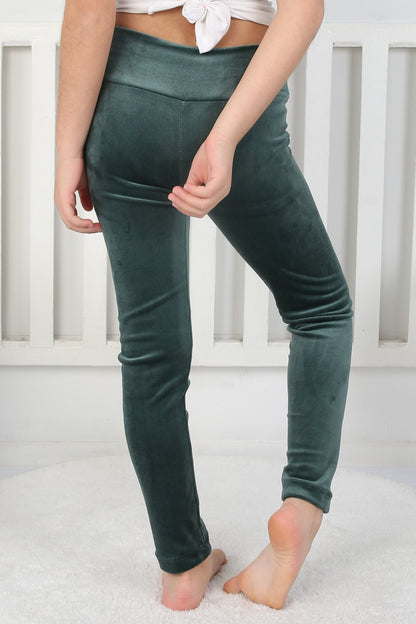 Likralı Kadife Kumaş Arma Detaylı Kız Çocuk Günlük Tayt