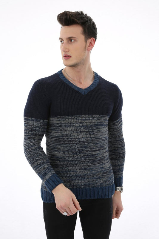 Desenli İki Renk V Yaka Erkek Günlük Triko Kazak