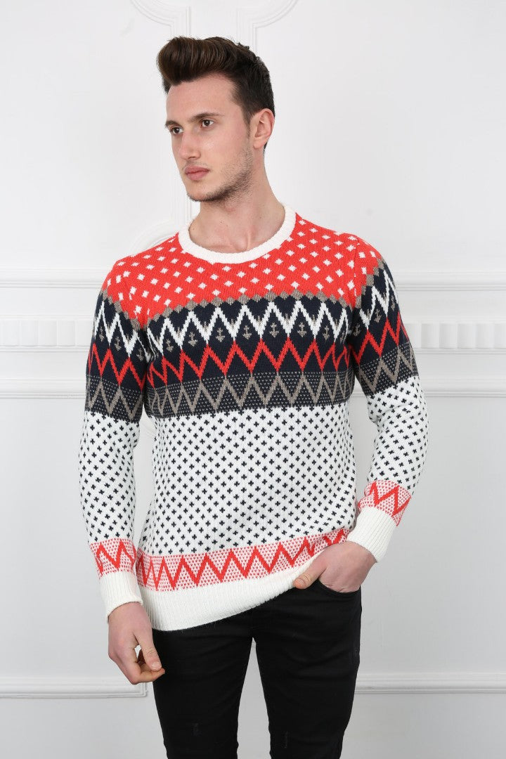 Desenli Sıfır Yaka Kalın Erkek Günlük Triko Kazak