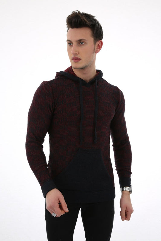 Erkek Desenli Kapşonlu Cepli Günlük Triko Kazak