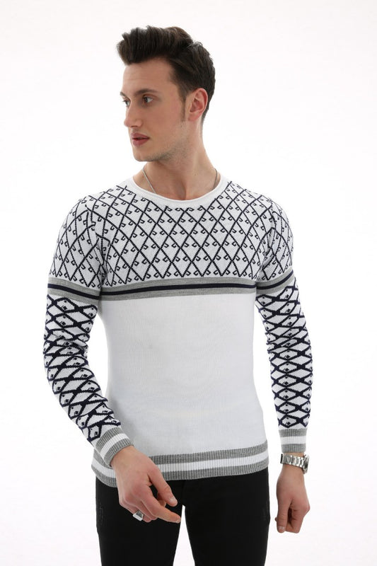 Kolları Desenli Beyaz Kalın Kışlık Günlük Triko Kazak