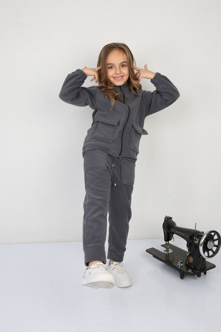 Tıraşlı Polar Lastik Bağcıklı Çift Cep Günlük Kız Çocuk Takım