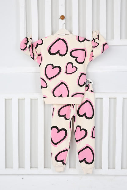 Üç İplik Şardonlu Kalp Baskılı Kız Çocuk Günlük Takım