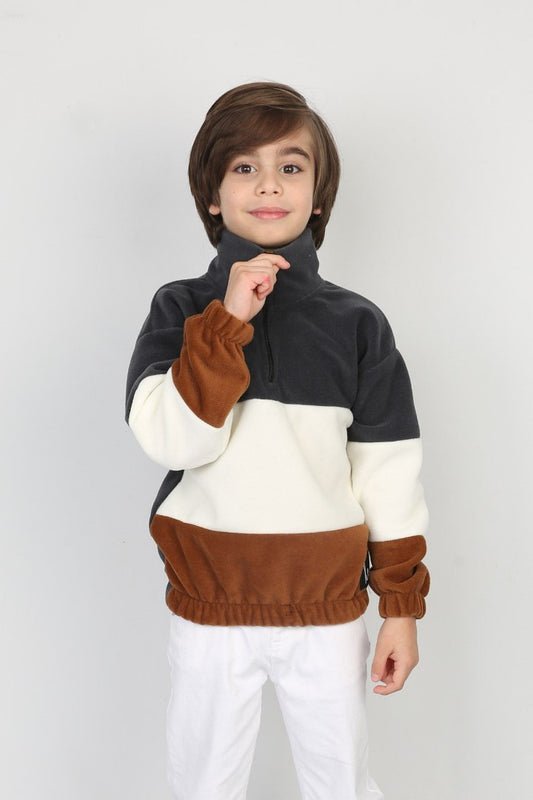 Full Polar Kumaş Yarım Fermuarlı Garnili Erkek Çocuk Günlük Sweatshirt